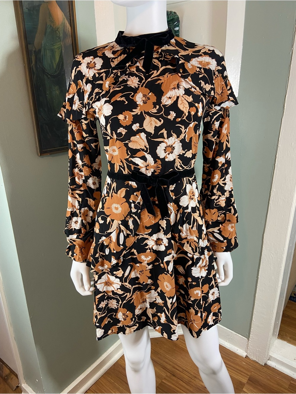 For Love & Lemons Floret Silk Blend Floral Mini Dress Long Sleeve Small S - Picture 2 of 16